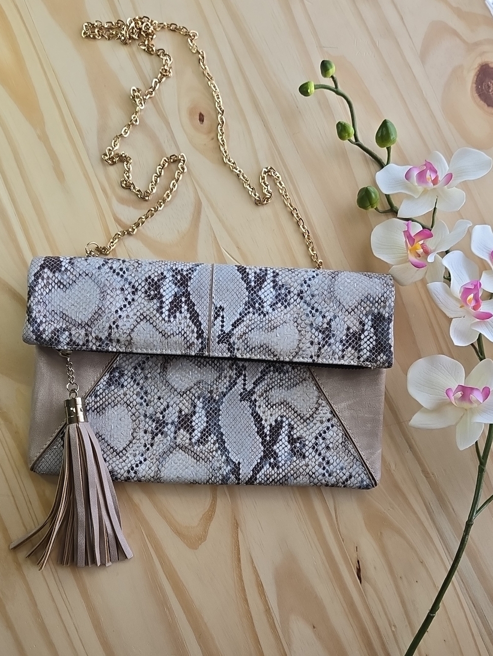 Urban Expressions Snake-Print Clutch in Beige and Taupe with Gold Chain